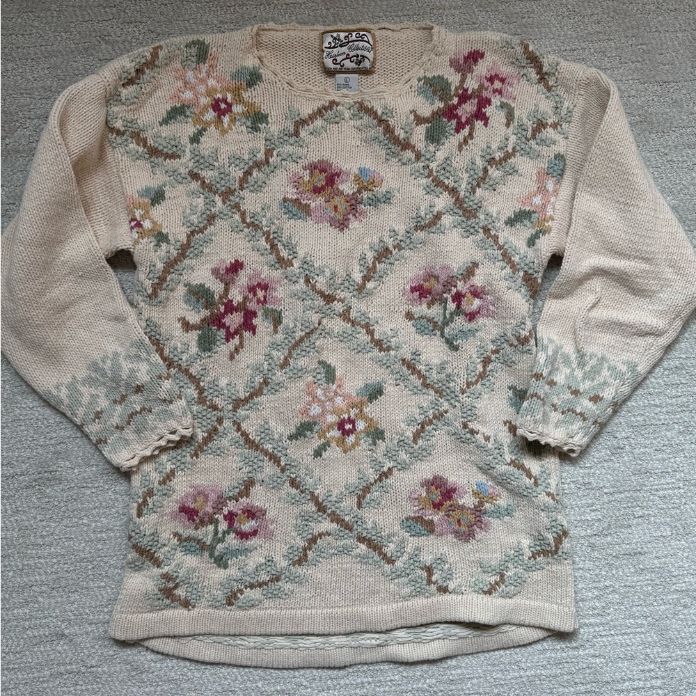 Floral Knit Sweater - Cream and Pink
